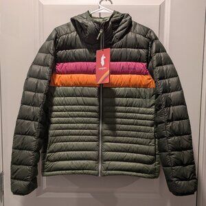 NWT Cotopaxi Women's Fuego Hooded Down Jacket, Woods and Fatigue, Size L